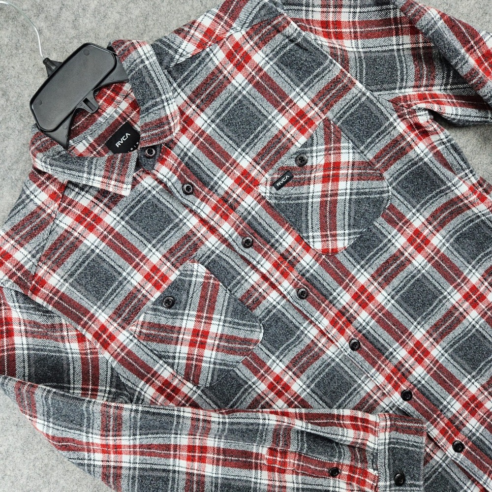 RVCA Plaid Flannel Shirt Men's Medium Red Grey White Regular Fit Long Sleeve